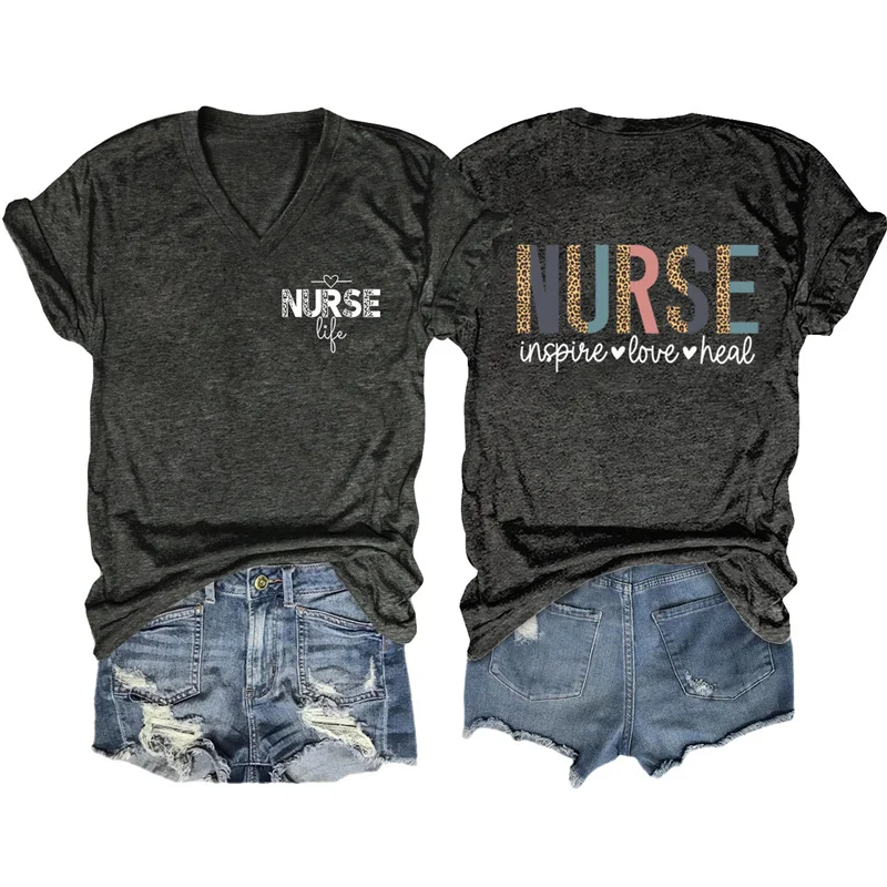 New cotton reversible printed V-neck short-sleeved Nurse inspire love heal personalized character mother and daughter T-shirt