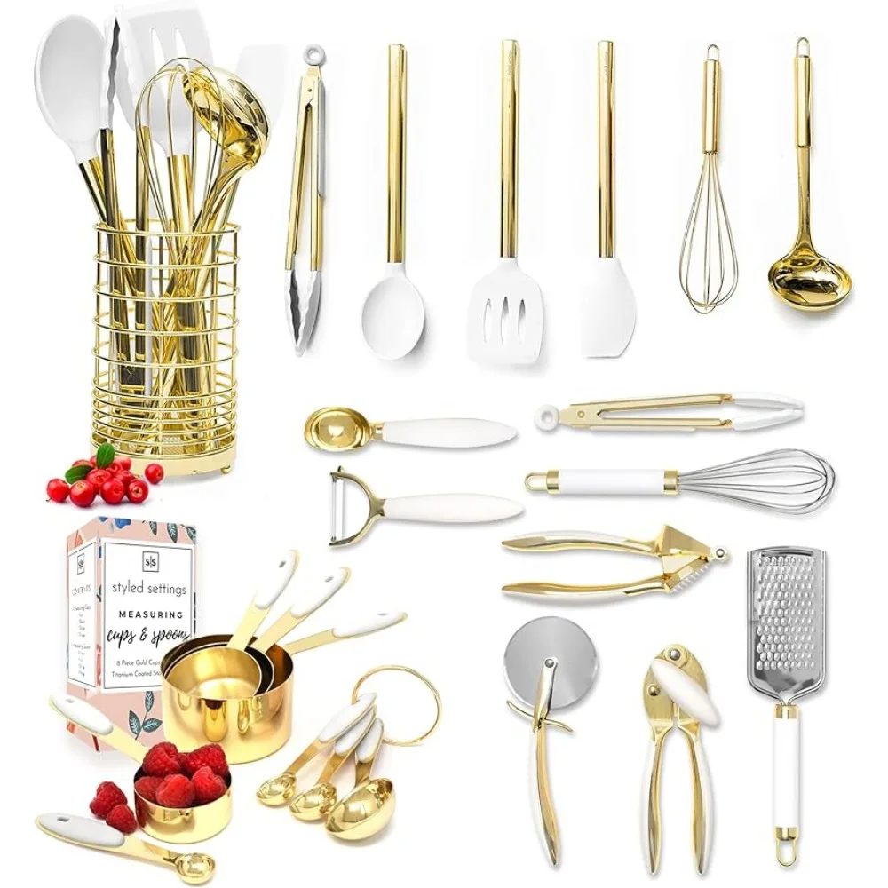 

White and Gold Kitchen Utensils Set - 23 Piece Luxe White and Gold Kitchen Accessories Include Gold Measuring Cups and Spoons