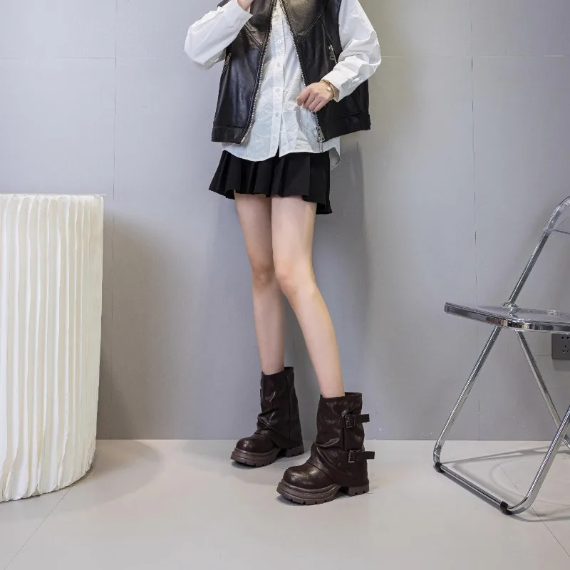 AUTUSPIN 12cm Chunky Boots Women Winter Autumn Retro Classic Genuine Leather Wedge Hidden Heel Booies Popular Street Footwear - Image 6