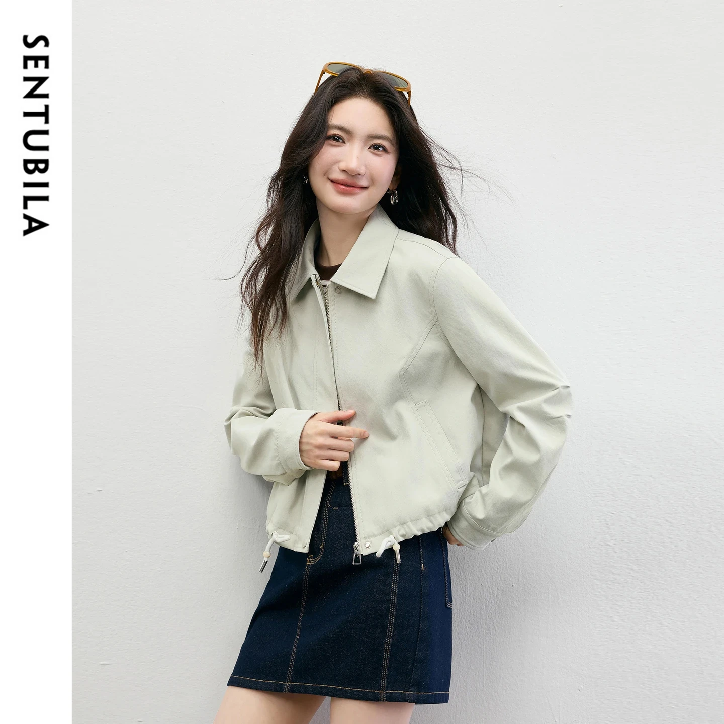 SENTUBILA Women's Jacket 2026 Spring Drawstring Hem Lapel Collar Drop Shoulder Sleeve Short Coat Loose Woman Clothes W61WB6112