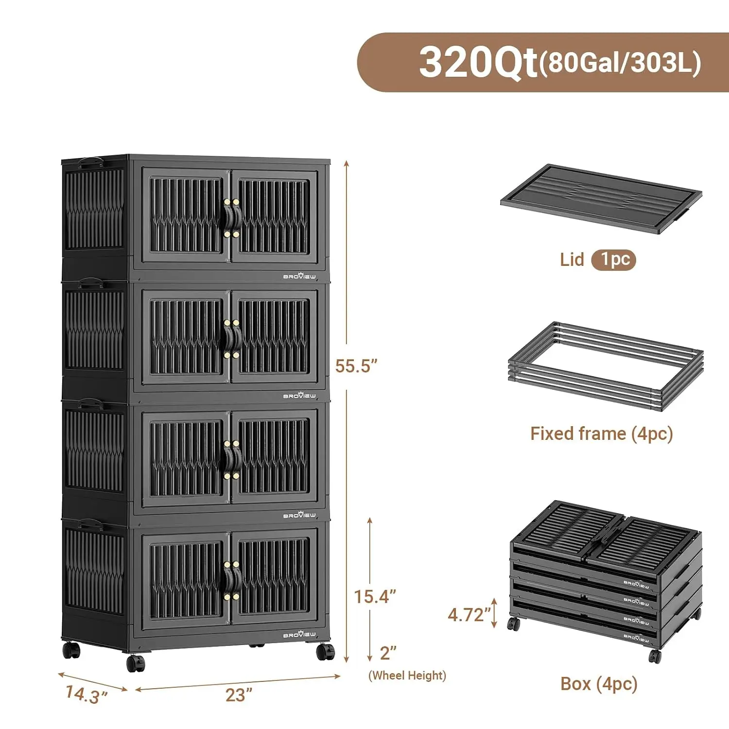 Stackable Storage Bins 320Qt 4Pack Black Closet Organizer Foldable Container Wheel Magnetic Door Drawer Home Dorm, Customized