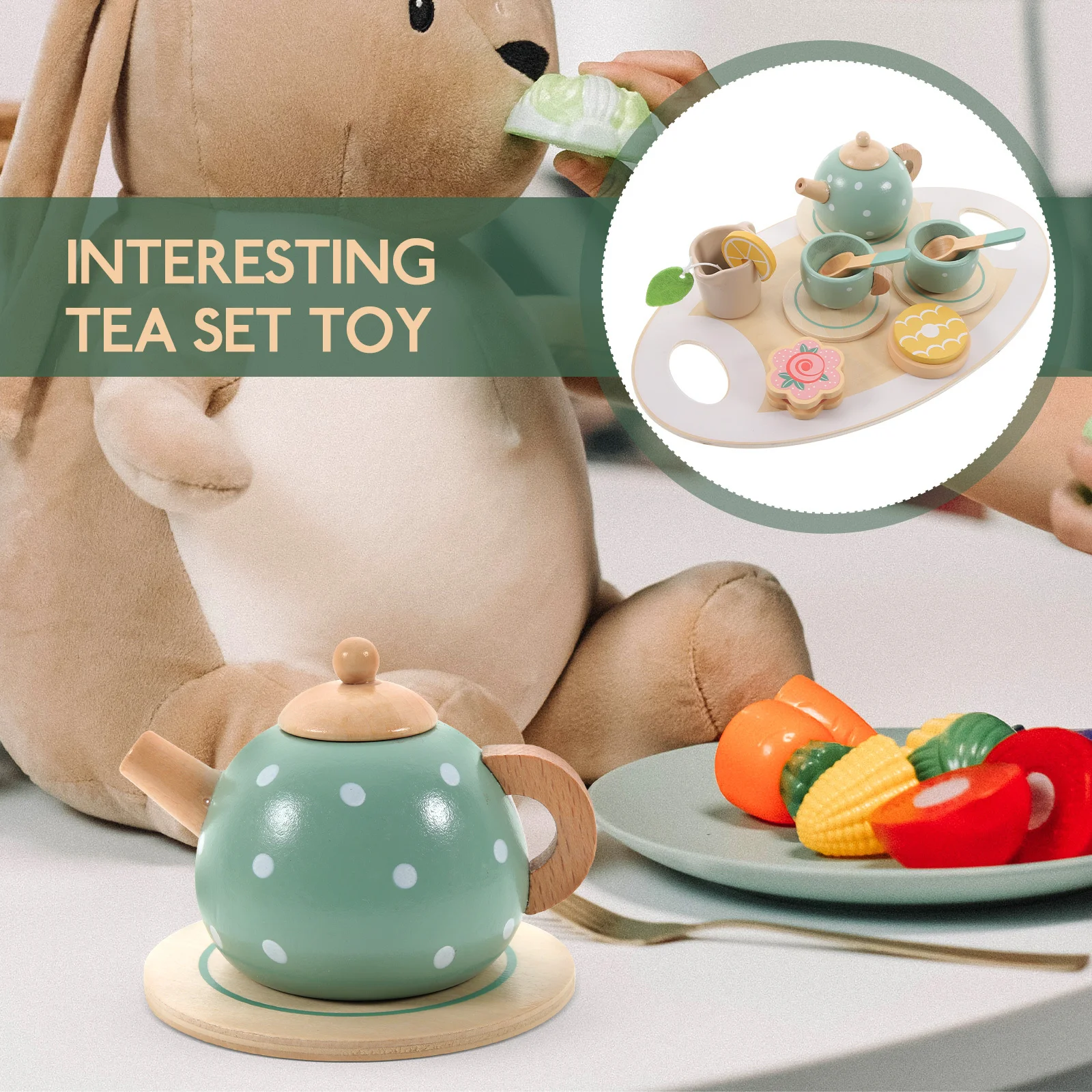 1 Satz 1 hölzernes Teeservice für Kinder, simuliertes Spielküchenzubehör, Mini-Teekanne, Tasse, Kleinkind-Spielhaus, Geschenkset