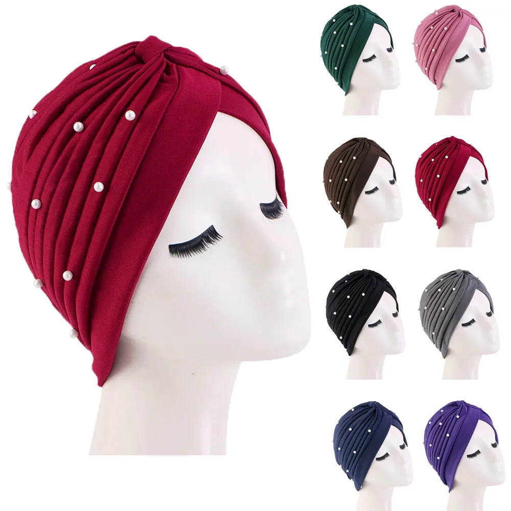 Indian Women Pleated Hijab Pearl Muslim Bonnet Chemo Caps Inner Hat Cancer Arab Islam Turban Hair Loss Femme Headwear Wrap Mujer