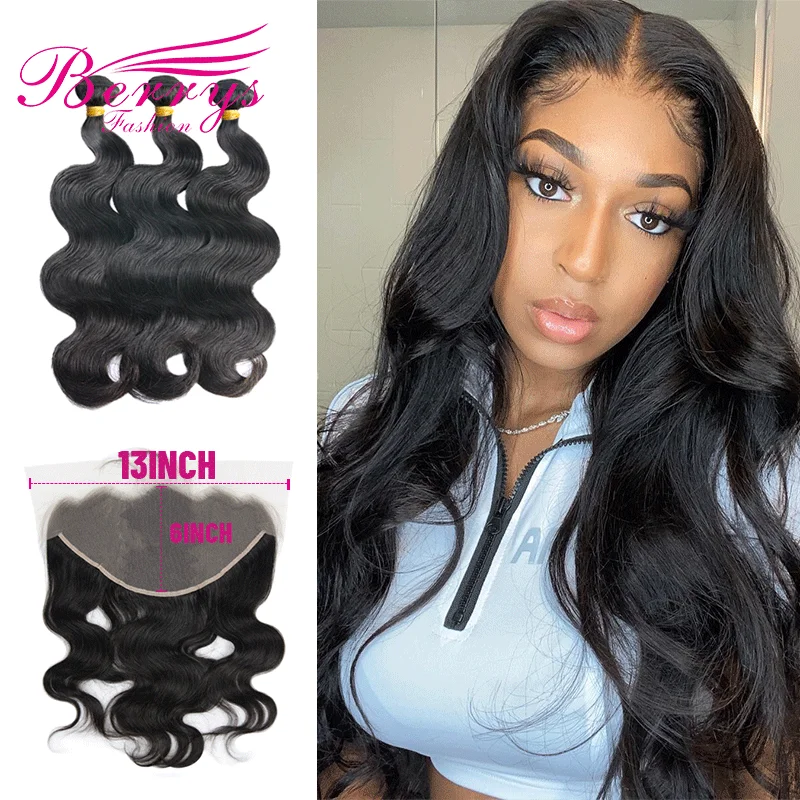 

Berrys Fashion Body Wave 3 Bundles With 13x6 Lace Frontal Nature Color Brazilian Virgin Hair With 13x4 Transparent Lace Frontal