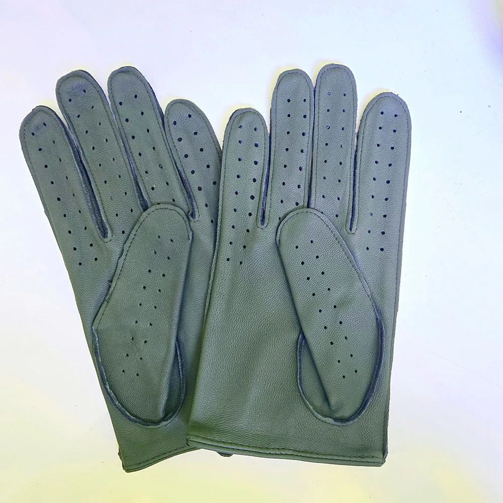 New Men's Genuine Leather Breathable Gloves Sports Riding Moto Gloves Sheepskin Driving Gloves Spring Summer Army Green