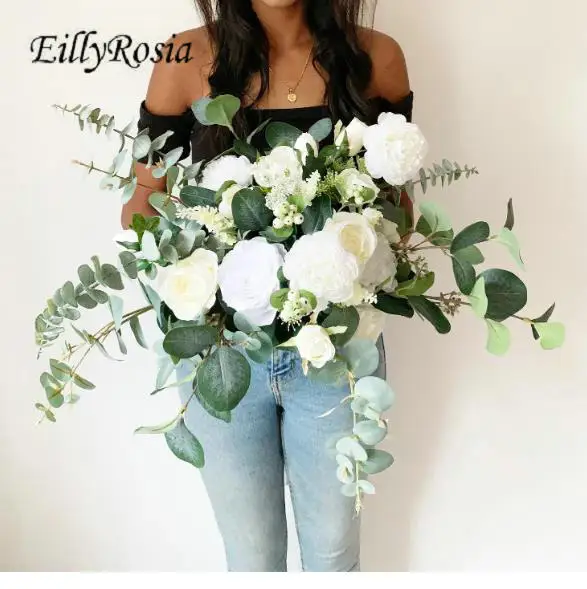 EillyRosia-ramo de novia de gran tamaño, decoración de flores artificiales, rosas blancas, peonía eucalipse, recién llegado