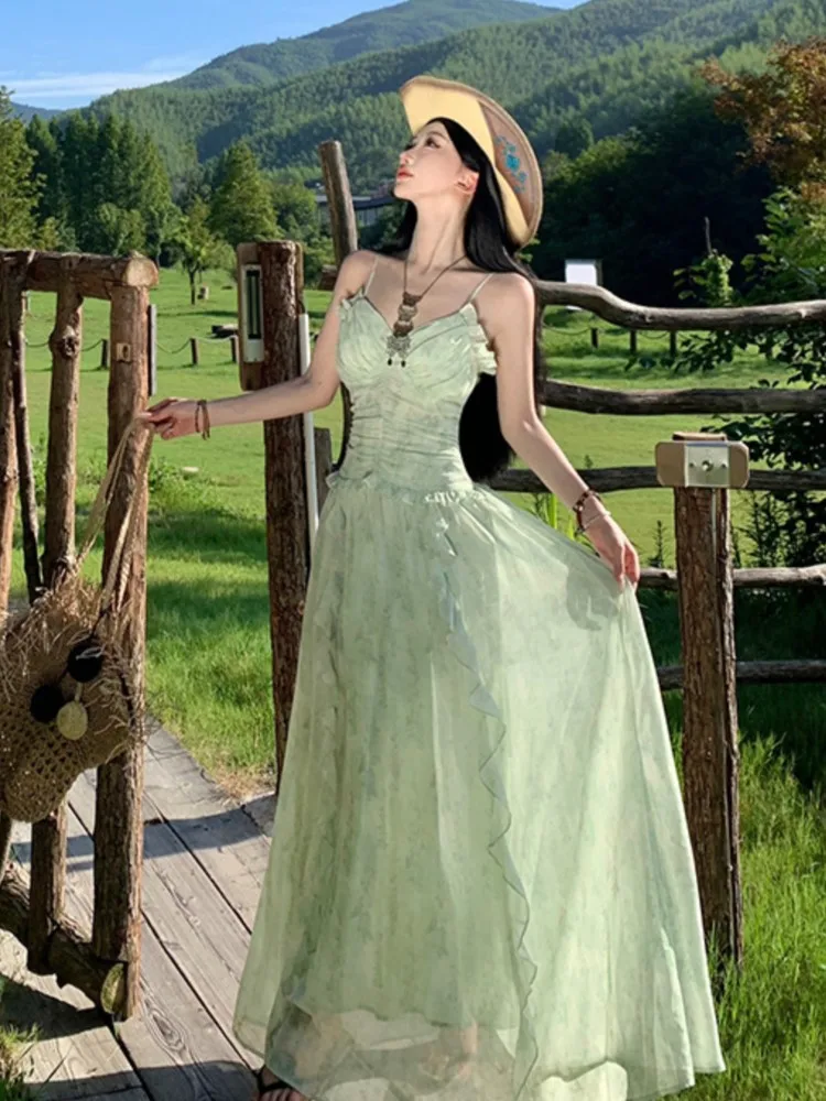 여름 우아한 민소매 프릴 스파게티 스트랩 백리스 드레스 Pleated 꽃 달콤한 요정 파티 가운 새로운 해변 휴가 드레스