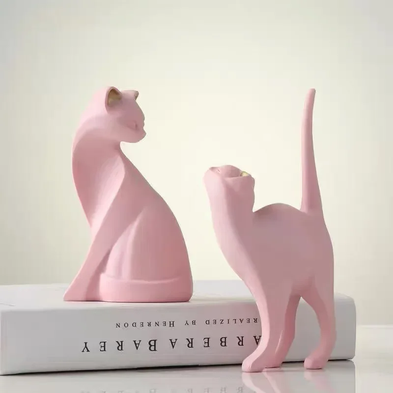 Resin Creative Curious Cat Sculpture Adorable Tail-Up Kitty Home Decor Figurine,White and Pink Modern Home Shelf Desk Decor
