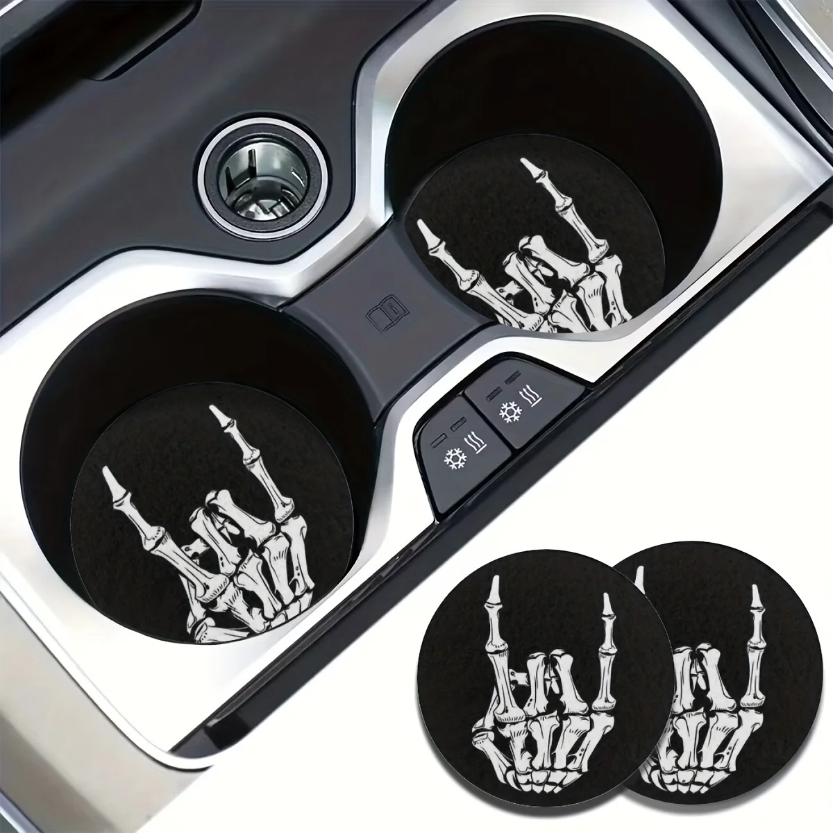 2pcs Skull Finger Pattern Car Coaster - Absorbent Cup Holder Mat for Car Interior and Home Use