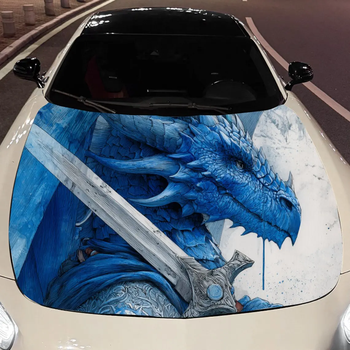 

The blue dragon wielding a silver sword Car Hood Vinyl Stickers Car Surface Protection Decal Car Decoration Cover Vinyl Wraps Wa