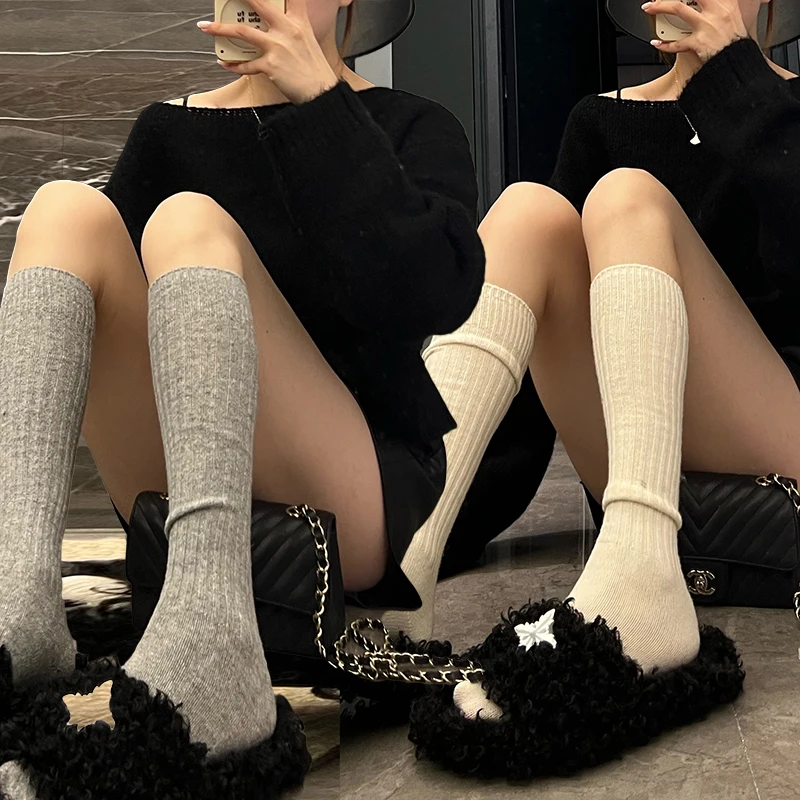 

2023 Autumn Winter Wool Leg Socks Women's College Style Long Cotton Thickened Socks Breathable Korean Fashion Knee Stocking