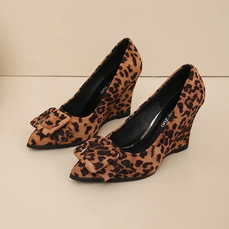 Leopard Print High Heels Women Pointed Toe Sexy French Fashion Versatile Wedge Shoes Without Tired Feet