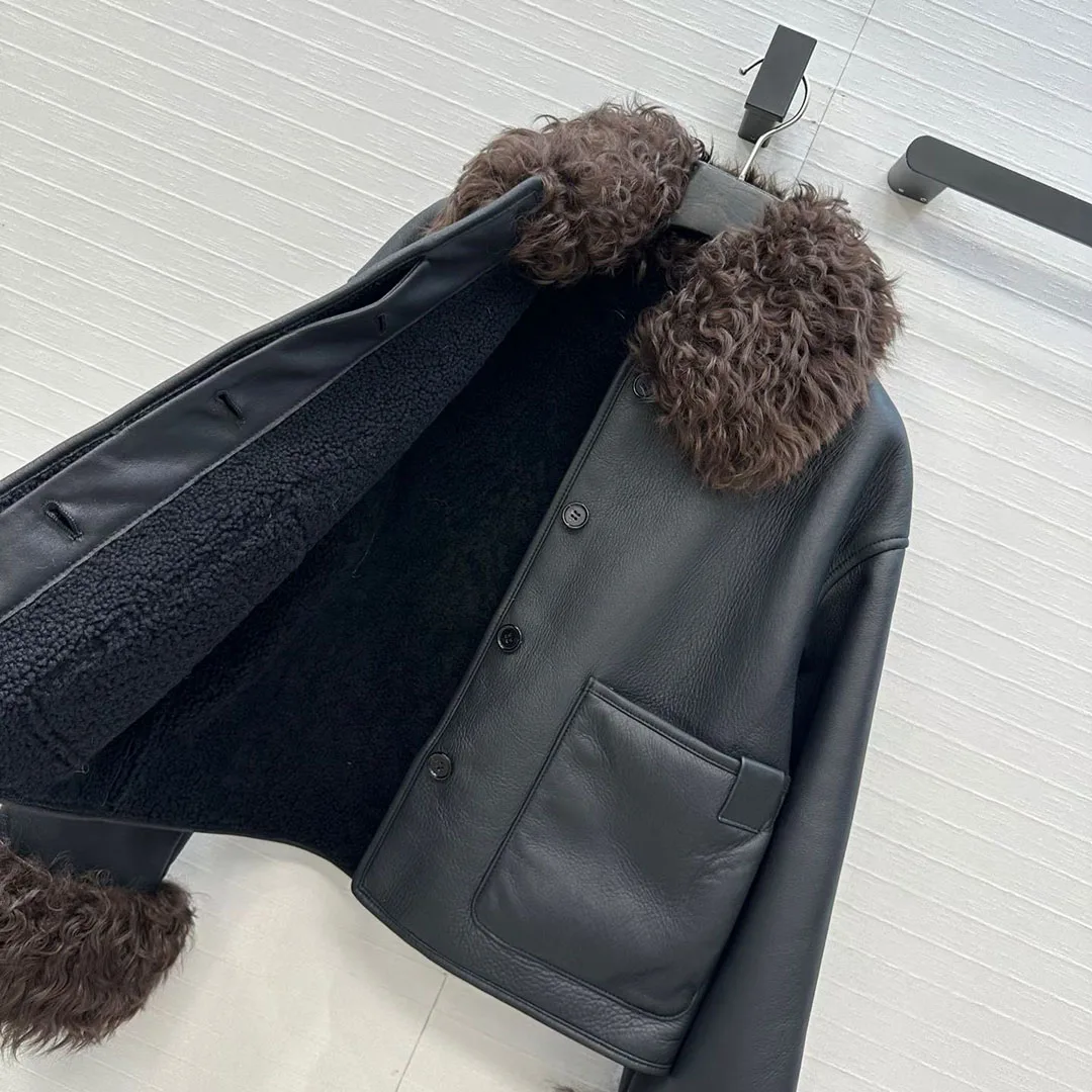 럭셔리 최고급 100% 천연 양가죽 모피 코트 여성용 울 라펠 패치워크 긴 소매 플리스 따뜻한 두꺼운 양면 모피 재킷