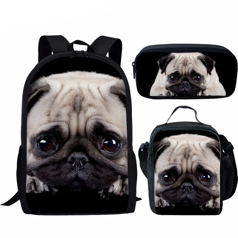 Mochila escolar con estampado de cachorro y Pug para niña, bolsa de almuerzo, estuche de lápices, bolso de hombro para escuela, mochila para mujer