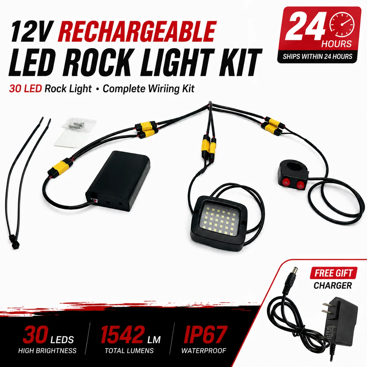 Wintai 12V Rechargeable Battery Powered 30 LED Rock Lights Kit, All Metal Baja Style Strobe Flashing LED Light, XT60