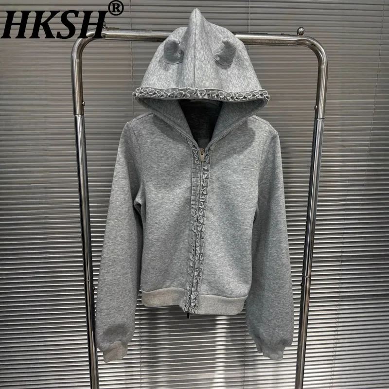 

HKSH весна осень новая женская толстовка с капюшоном на молнии с длинными рукавами в стиле пэчворк с оборками американская ретро шикарная универсальная куртка HK12338