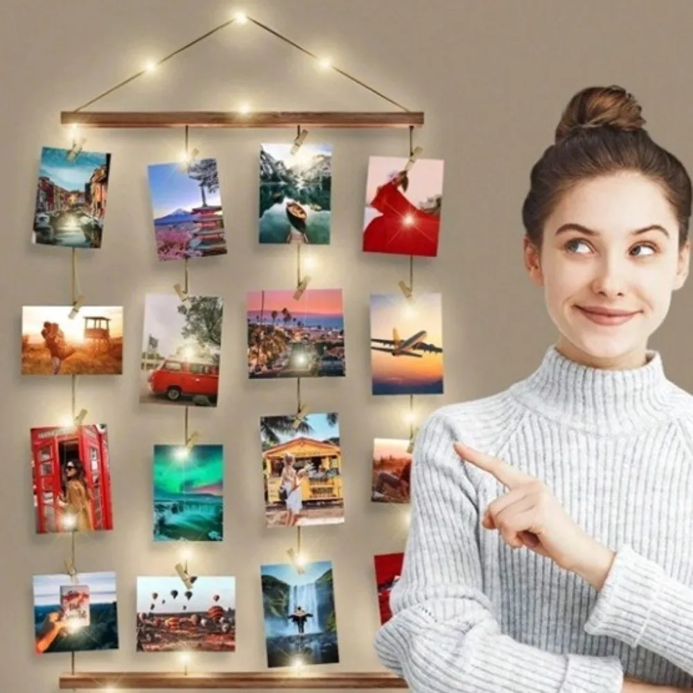 Includes Clips Hanging Photo Display Handcrafted Minimalist Photo Collage Frame DIY Decorative Photo Clip String Light Office