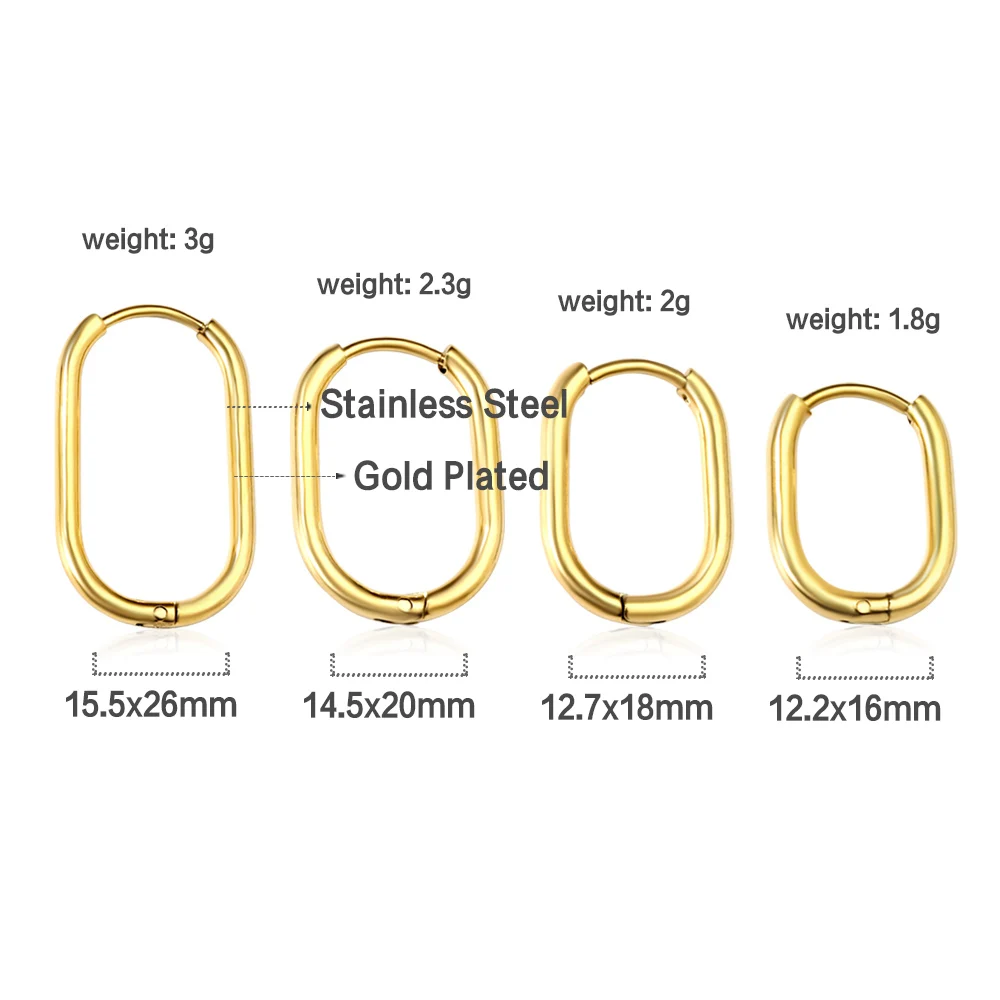 LUXUSTEEL Simple Rectangle U-Shaped Round Cirlcle Hoop Earrings For Women 12/14/16MM Anti-allergy Earrings