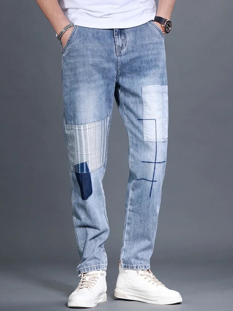 Celana Koboi Pria Pakaian Kerja Slim Fit Skinny dengan Saku Celana Jeans Pria Pipa Ketat Pakaian Musim Gugur Katun Kpop Retro Xs