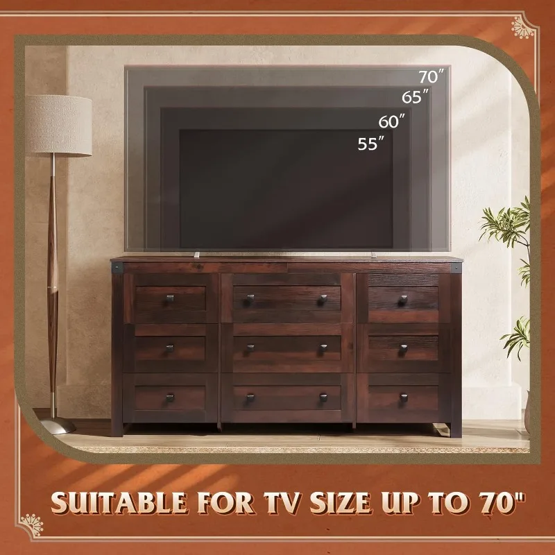 WLIVE boerderij dressoir slaapkamer, 63" brede ladekast met 9 laden, houten ladekast, tv-standaard voor 70 inch tv (bruin)