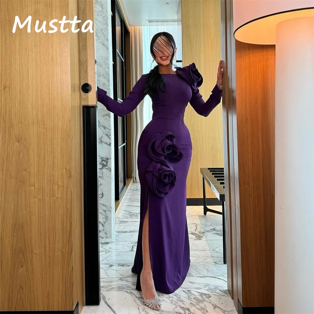

Musetta Purple Long Sleeve Flowers O-Neck Mermaid Evening Dress 2025 Side Split Formal Prom Party Gown فساتين سهرة Customized