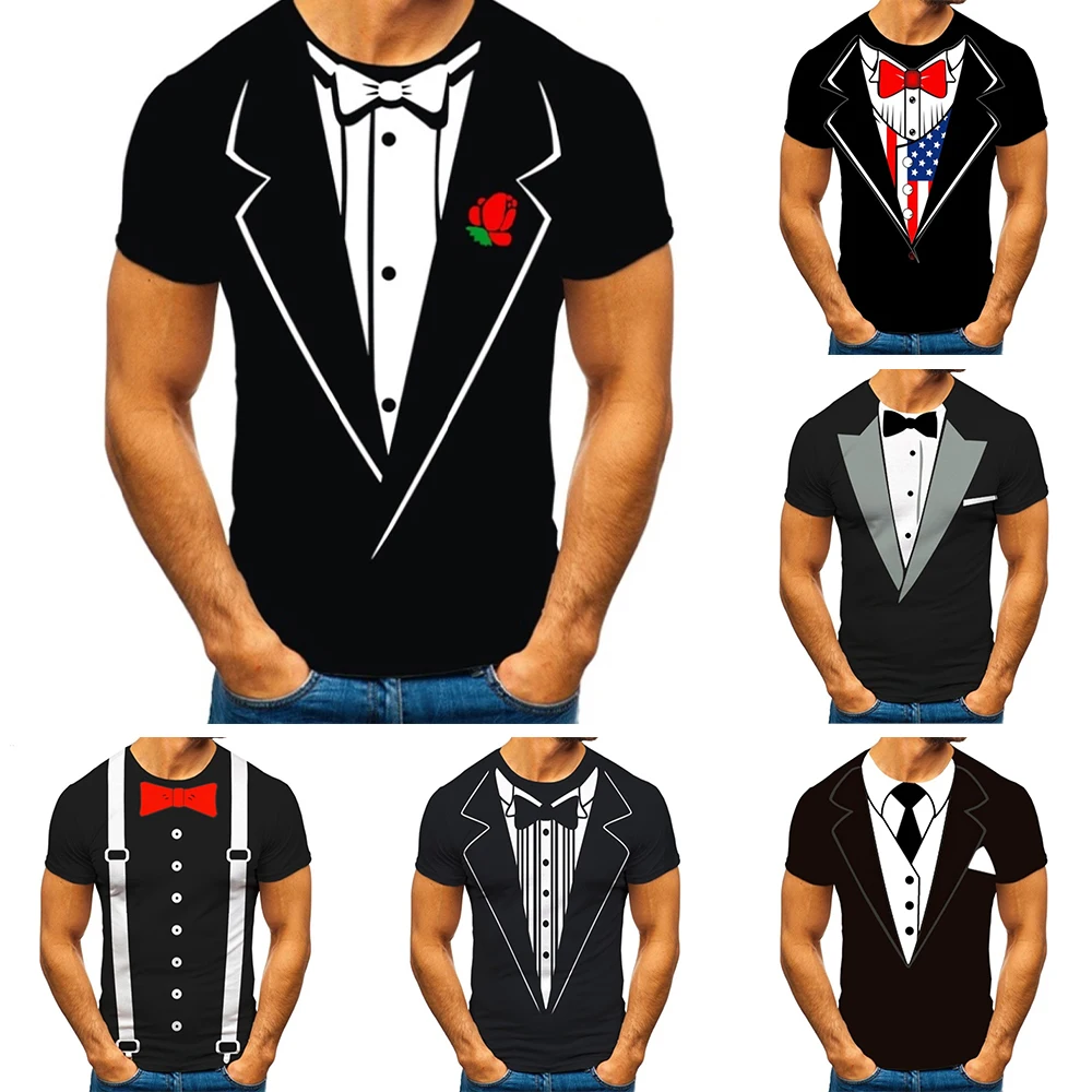 2023 Summer 3D Printed Fake Suit T-shirt Tuxedo Retro Tie Suit Pattern Fashion Trend Funny T Shirt Men Personalized Casual Shirt