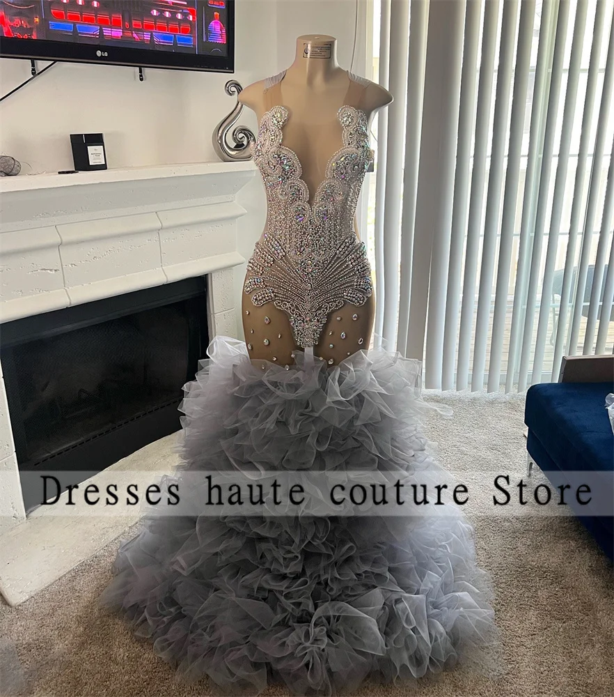 Luxury Sparkly Diamonds Tiered Ruffles Prom Dress 2025 For Black Girl Crystals Beads Rhinestone Birthday Party Dress Customized