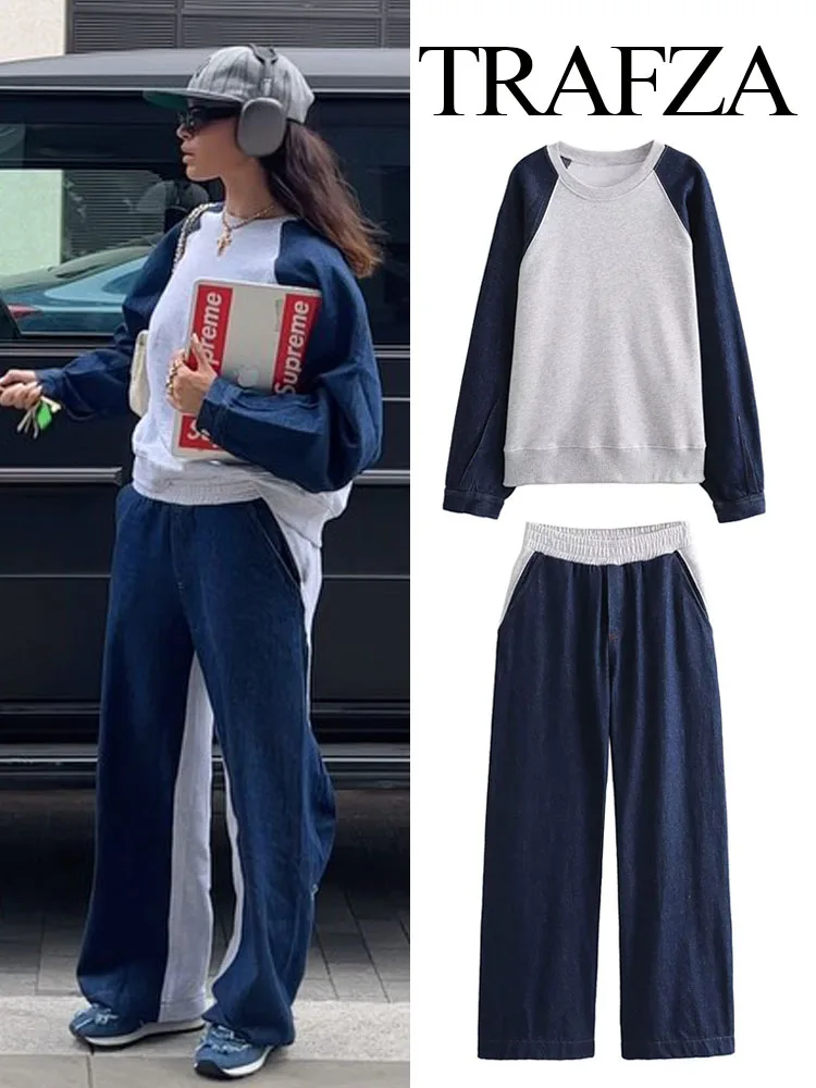 TRAFZA Female Autumn Sets Grey And Navy Blue O-Neck Long Sleeve Buttons Pullovers+Elastic Waist Pockets Zipper Wide Leg Pants