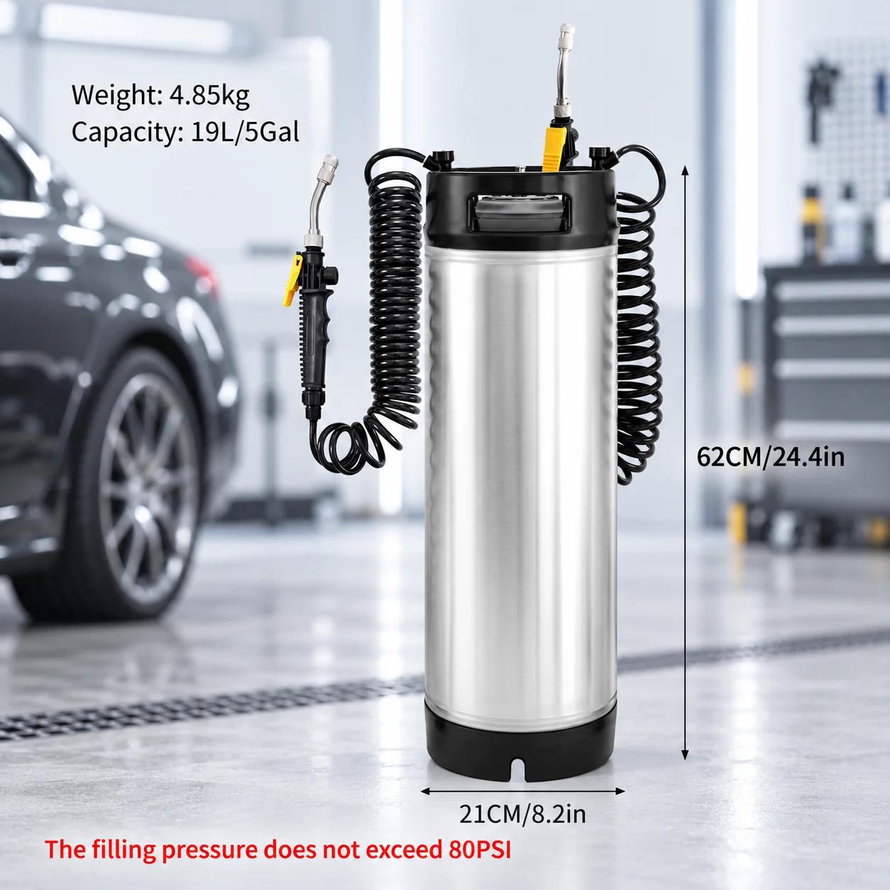 19L Portable Pressure Sprayer Tank with 2PCSCoiled Hose for PPF Window Tint Vinyl Wrap Installation Car Cleaning Detailing Tool