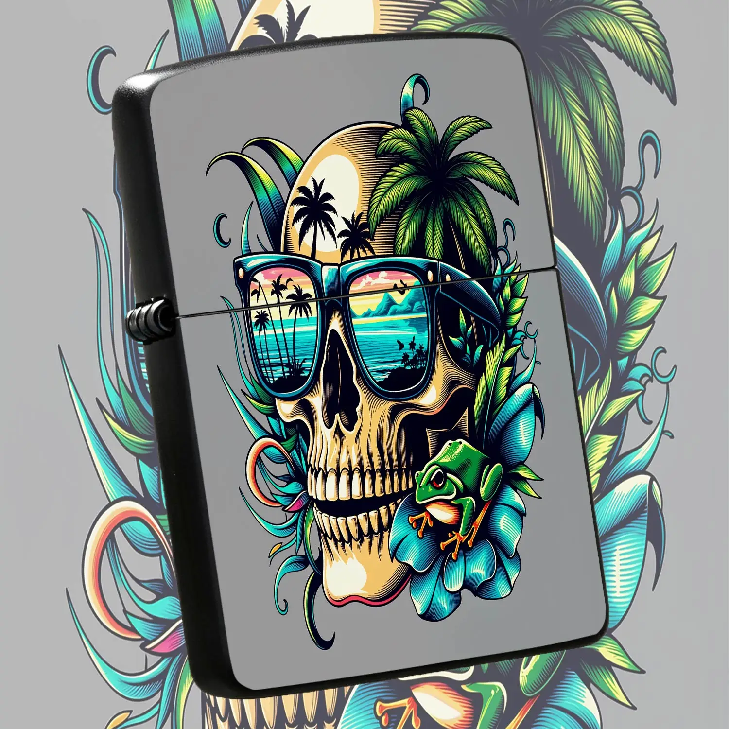 Stylish Tropical Skull Themed Lighter With Sunset Beach Scenery Reflected In Sunglasses, Vivid Palm Tree And Green Frog Pattern, Portable Creative Accessory For Daily Use, Outdoor Trips, Gatherings, Nice Unique Gift For A Humorous And Inter