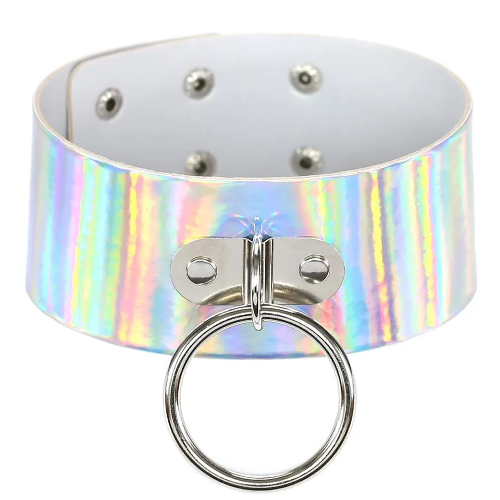 Punk Harajuku Simple Personality Exaggeration Laser Circle Multicolored Leather Stainless steel Necklace Clavicle chain