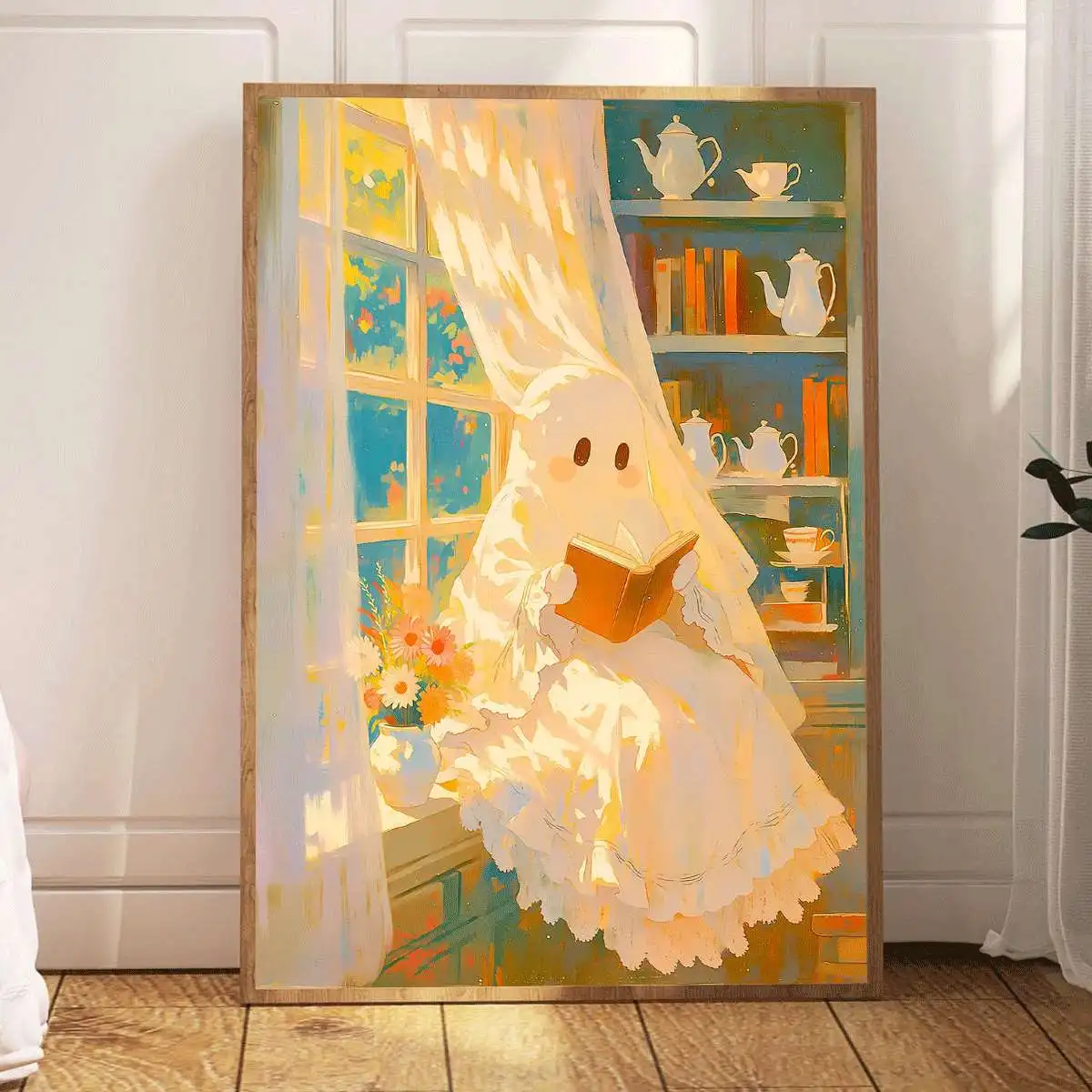 Modern Cozy Cute Ghost Reading Book Canvas Poster Unframed Halloween Decorations Canvas Prints Painting Living Room Decor Poster