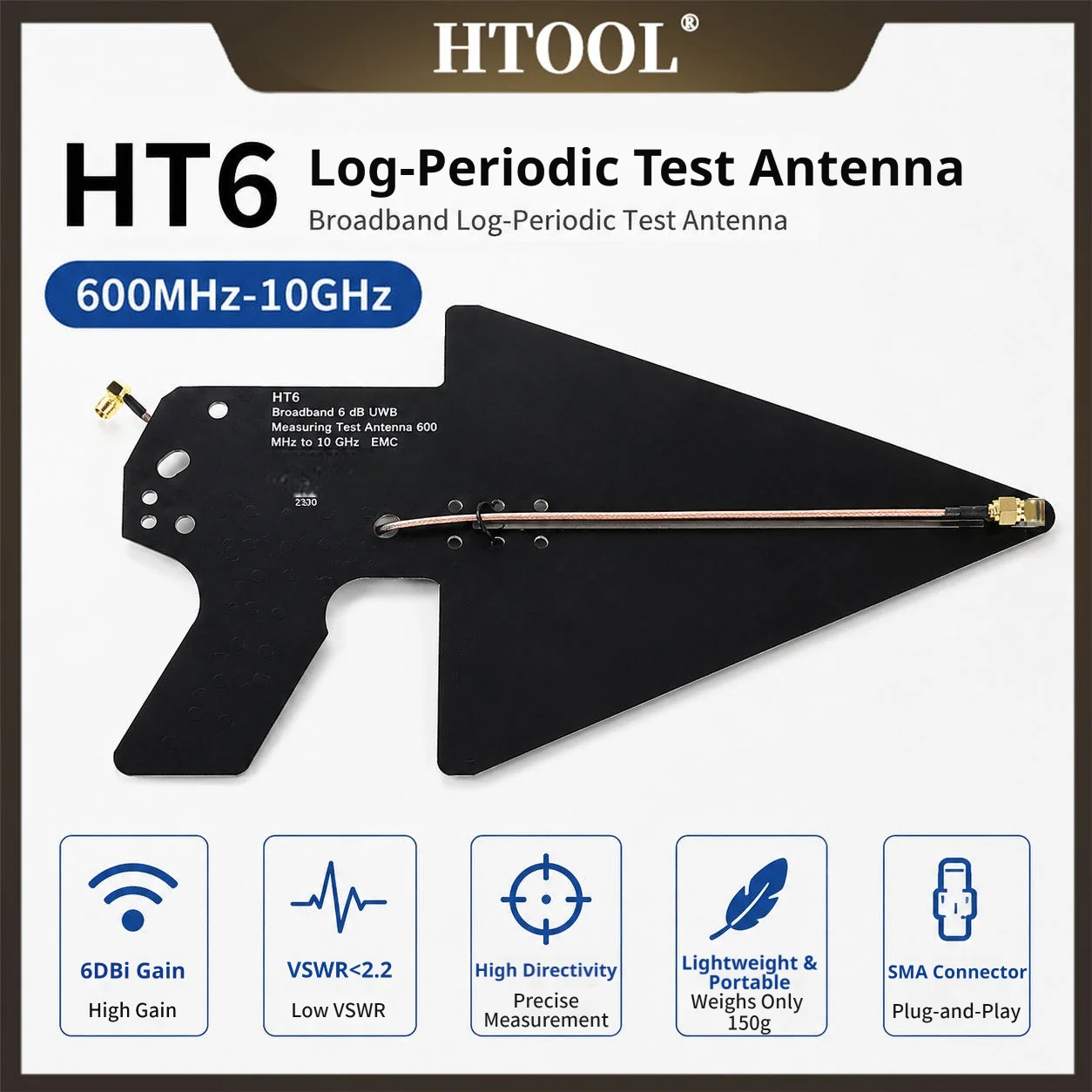 HT6 Log Periodic Antenna 0.6-10GHz 6dBi SMA Directional for Spectrum Analyzer EMC Test Signal Finding Positioning