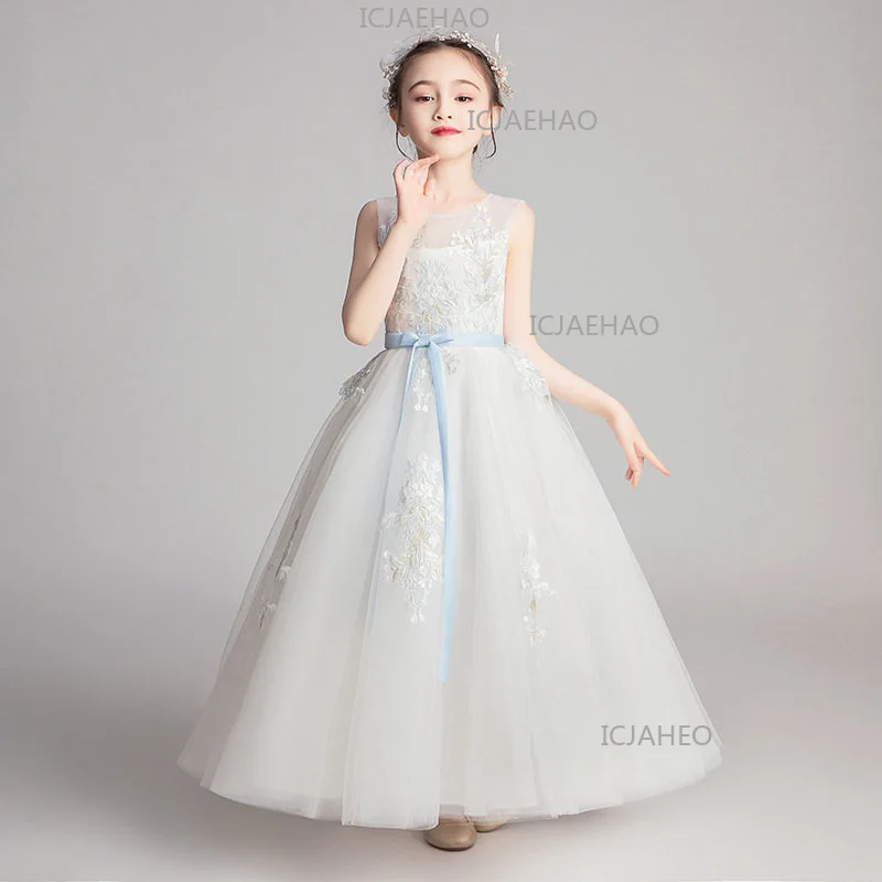 Children Girls Formal Princess Gown Clothes Birthday Flower Girl Wedding Kids Host Piano  Performance White Sleeveless Dress