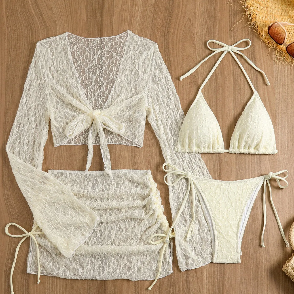 

Women 4 Piece Lace Bikini Set with Cover Up Top & Skirt Triangle Halter Swimsuit High Waist Drawstring Bottom Beachwear Bikinis