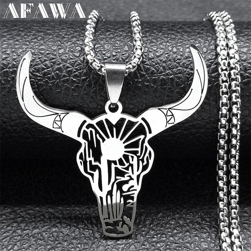 

Animal Bull Ox Head Necklace for Women Men Stainless Steel Jungle Landscape Mountain Nature Cactus Sun Chain Jewelry N3214S02