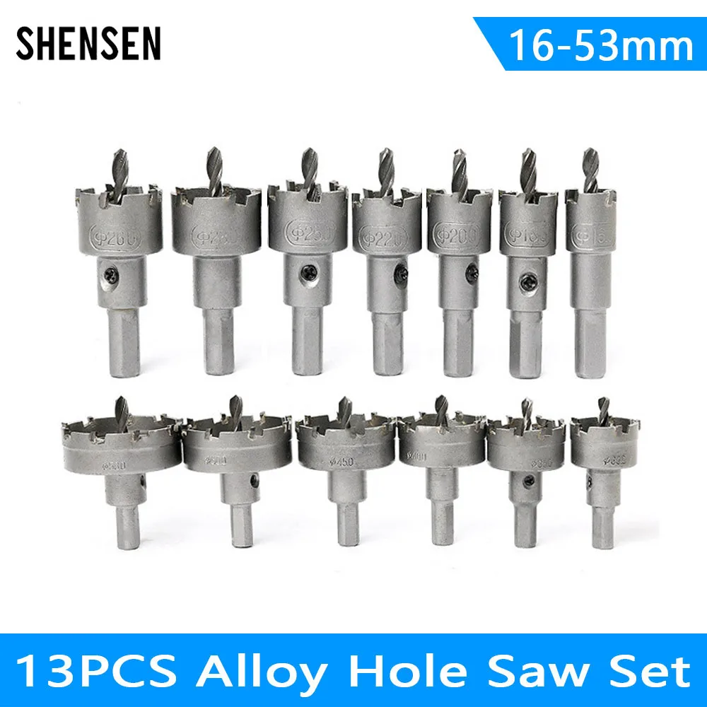 

13Pcs16-53mm Alloy Hole Saw Set Carbide Tip TCT Metal Cutter Core Drill Bit Kits for Stainless Steel Metal Drilling Crown