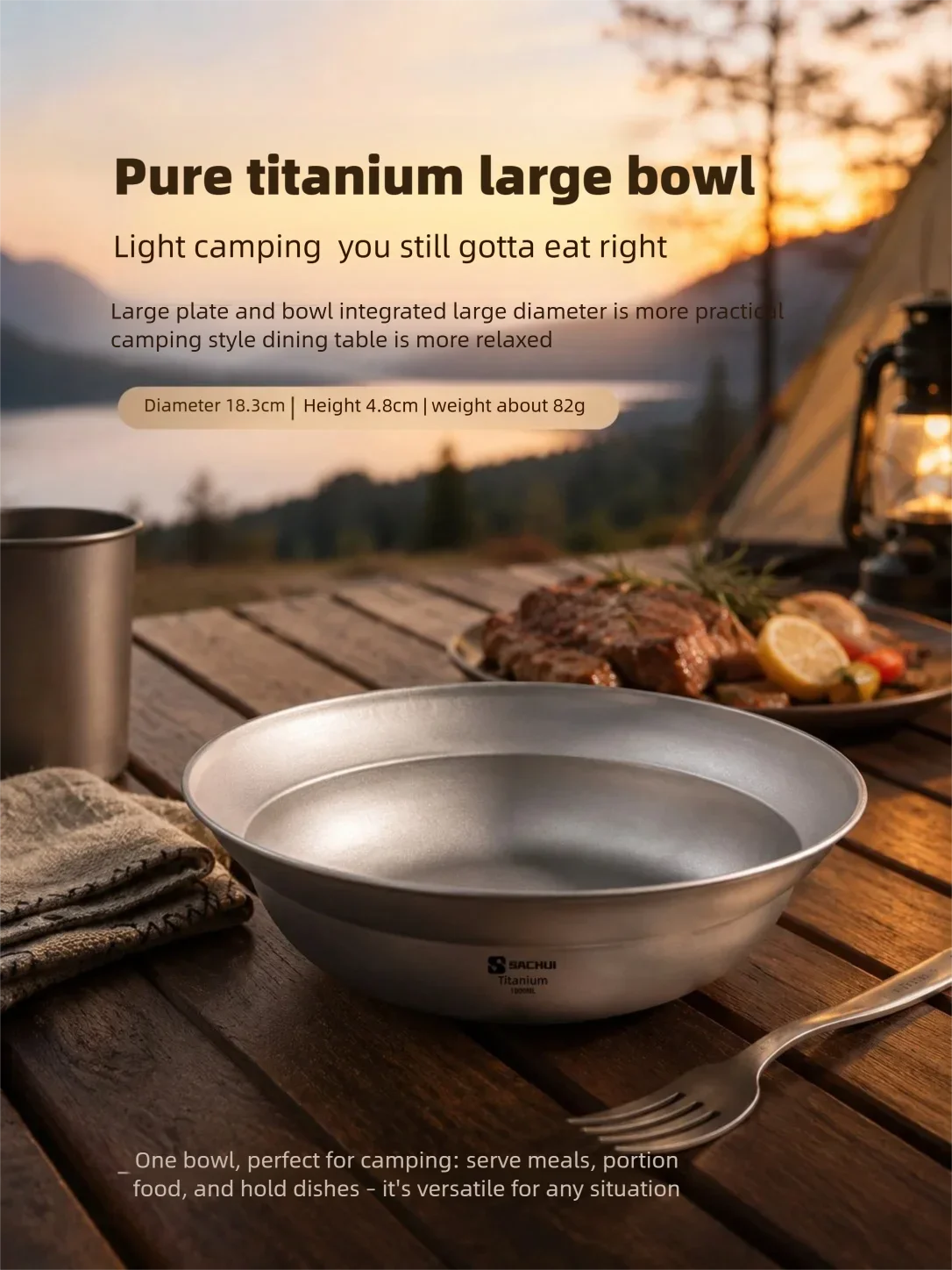 Reines Titan Camping-Geschirr: Große Schüssel, Teller, Besteck für Outdoor, Wandern, Reisen – Ultraleichte, tragbare Salatschalen und Lamian-Tischware – Detail 1