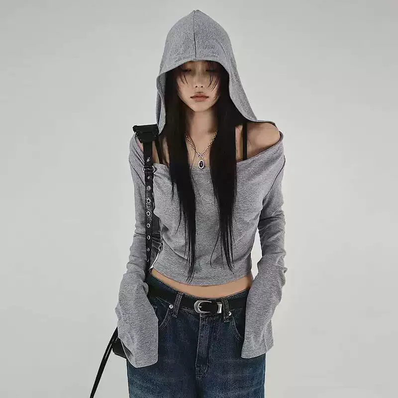 Flare Long-sleeve Hooded Crop Top Women Fall Solid Color Elastic Casual Tee Shirt Pullover Pile Collar Y2k T-shirt