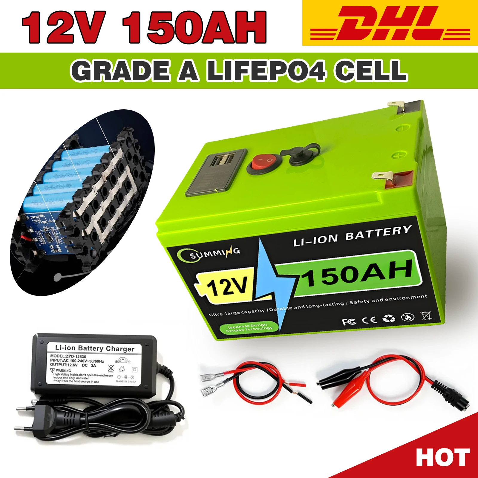 LiFePO4 12V 200Ah Battery Pack 12V Lithium Battery 8000+ Cycles With BMS Grade A For Boat RV Campers
