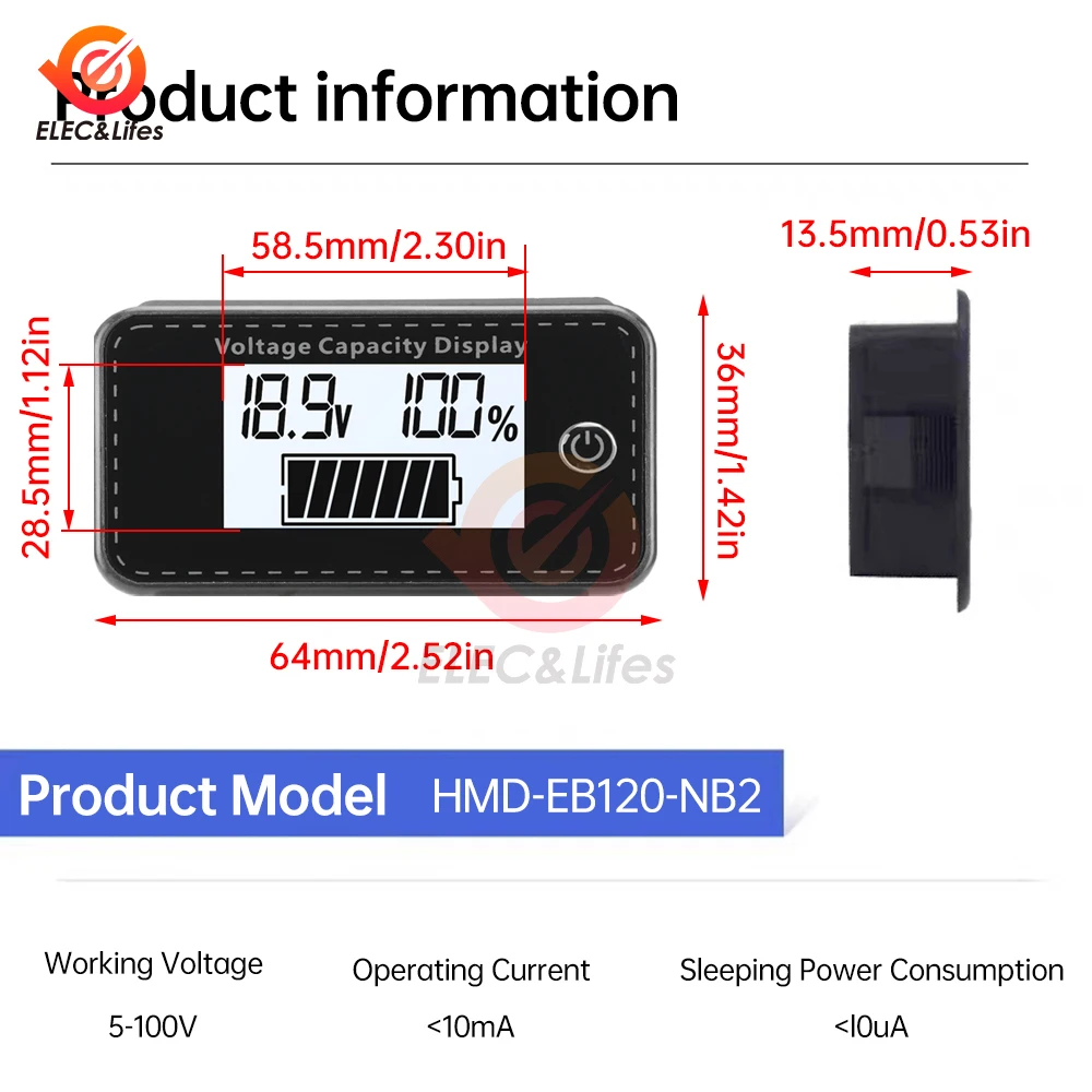 Wskaźnik pojemności akumulatora LCD DC 5V do 100V kwasowo-ołowiowy LiFePO4 woltomierz samochodowy motocyklowy wskaźnik napięcia 12V 24V 48V 60V