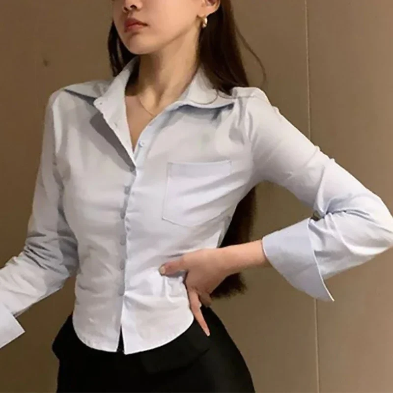 2025 novo feminino coreano branco escritório feminino chiffon camisa bolso botão lapela senhoras blusa primavera commuter manga longa colheita topos