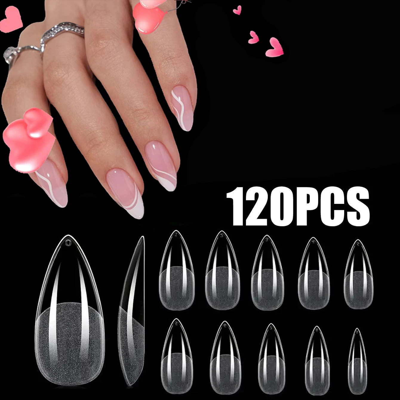 120PCS OPP Cornici e articoli da esposizione di copertura Presse sulle punte delle unghie Stiletto Mandorla Piazza Bara Francese Falso Soak Off Gel Punte di estensione delle unghie Capsula