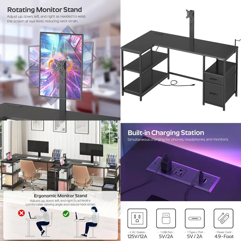 L-Shaped Gaming Desk with Adjustable Monitor Stand, Fabric and Metal, Perfect for Home Office, Living Room, Black
