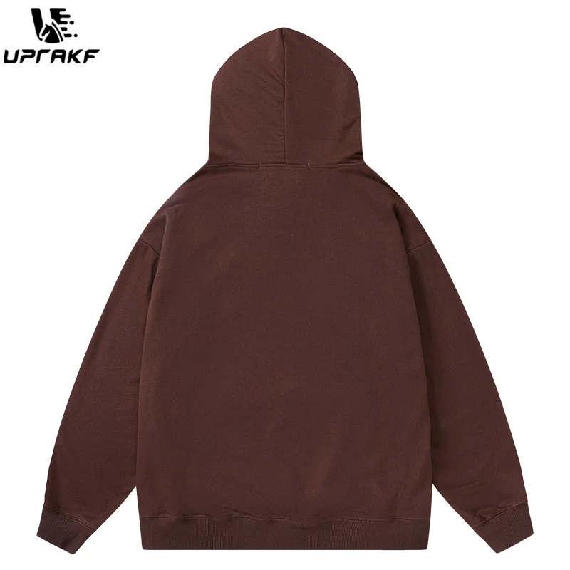 UPRAKF Vintage Solid Letter Sticker Embroidered Hoodie Oversize Long Sleeve Autumn Fashion Pullover Casual Tops Streetwear