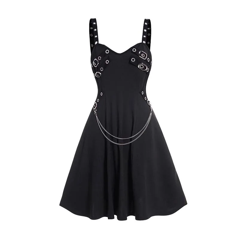 Women Gothic Dresses Plain Color Dress Grommet Buckle Chain Embellishment High Waisted Sleeveless A Line Midi Dress Black Dress