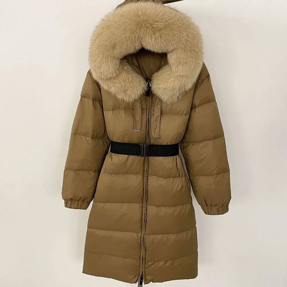 Nuevo invierno 2024 cálido 90 plumón de pato blanco mujer con capucha larga chaqueta acolchada de piel de zorro Natural abrigo de piel auténtica para mujer fría