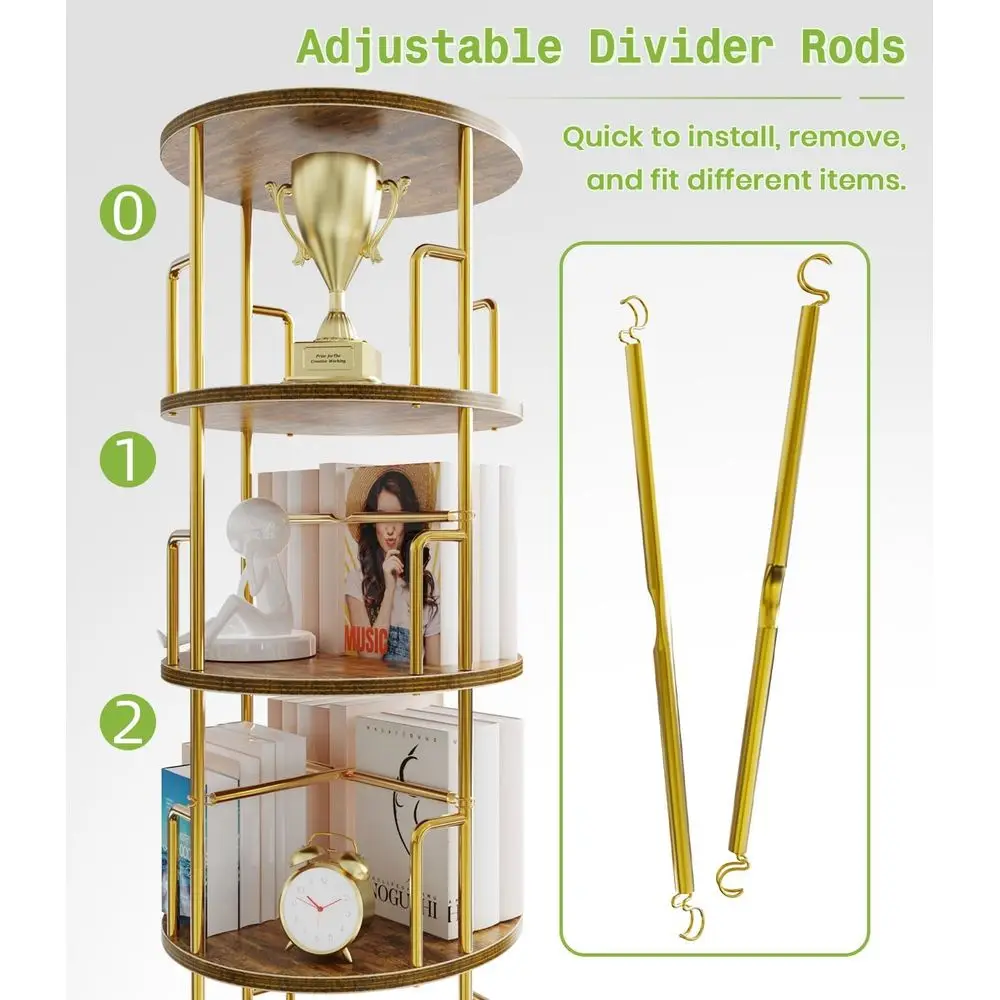 Gold 37 3-Tier Rotating Bookshelf Tower - Floor Standing, Anti-Tip Design, Metal & Wood, Space-Saving for Small Spaces, Ideal fo
