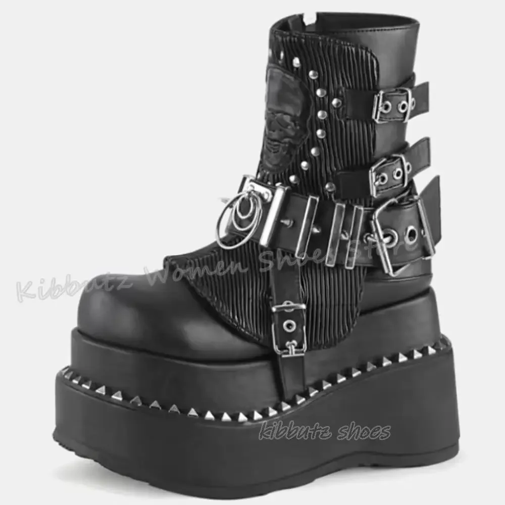 

Bordered Rivets Ankle Boots Thick Bottom Platform Belt Buckle Gothic Dark Style Fashion Punk Rock Sexy Women Shoes New Round Toe