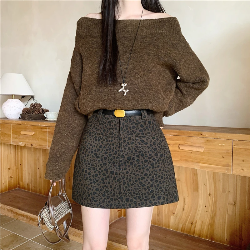 Leopard Print Denim Mini Skirt for Women Fall Winter High-Waist A-Line Straight Casual Hot Girl Short Skirts